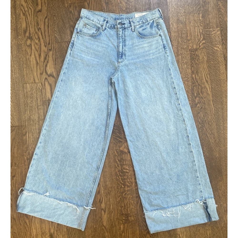 Rag & Bone Sofie High Rise Ultra Wide Crop Mari Wash Denim 30 Frayed Cuff Jeans